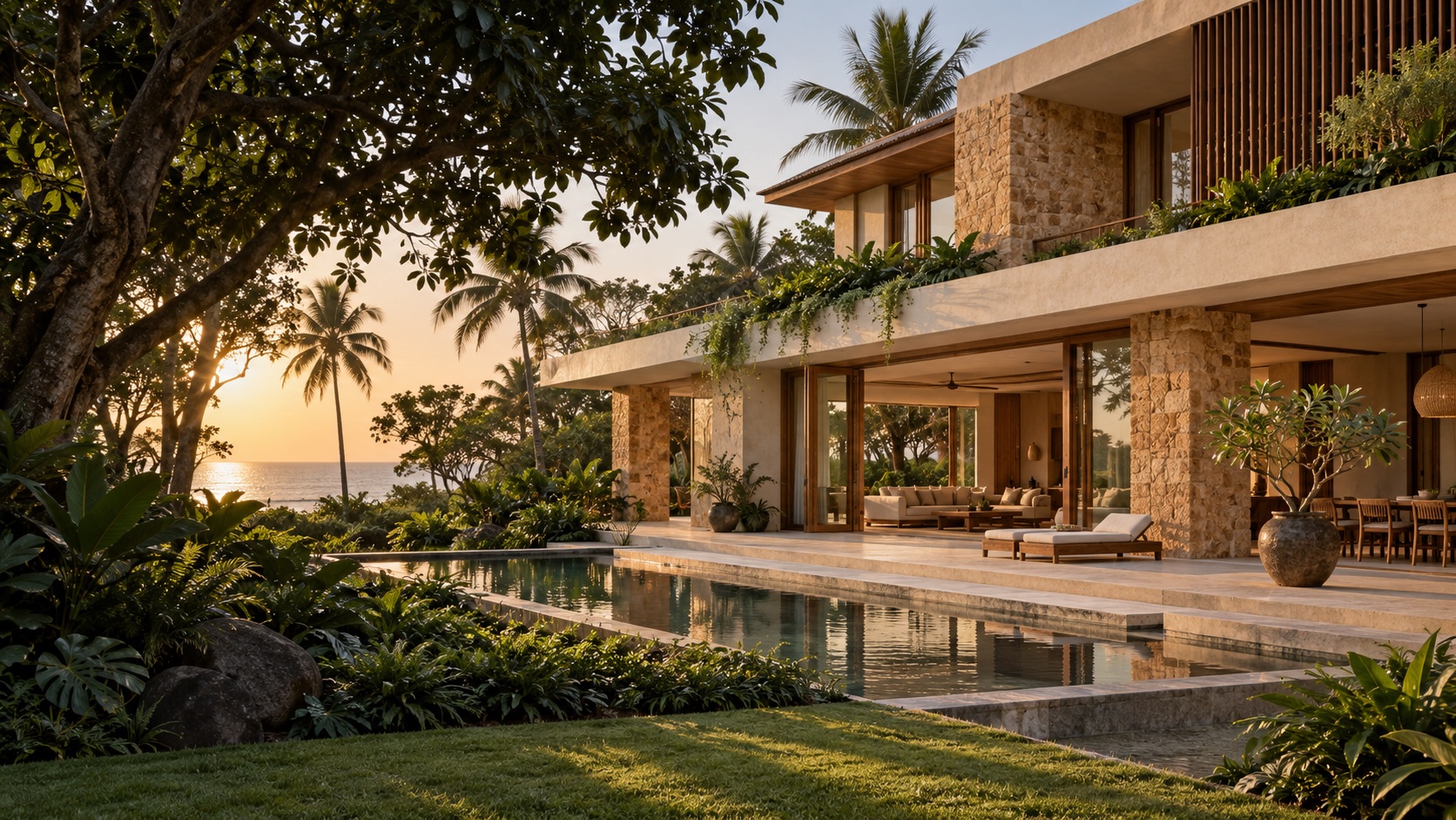 Contemporary coastal villa with stone, timber and tropical landscaping